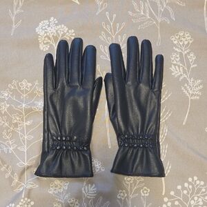 Navy Dark Blue Faux Leather Womens Medium Gloves